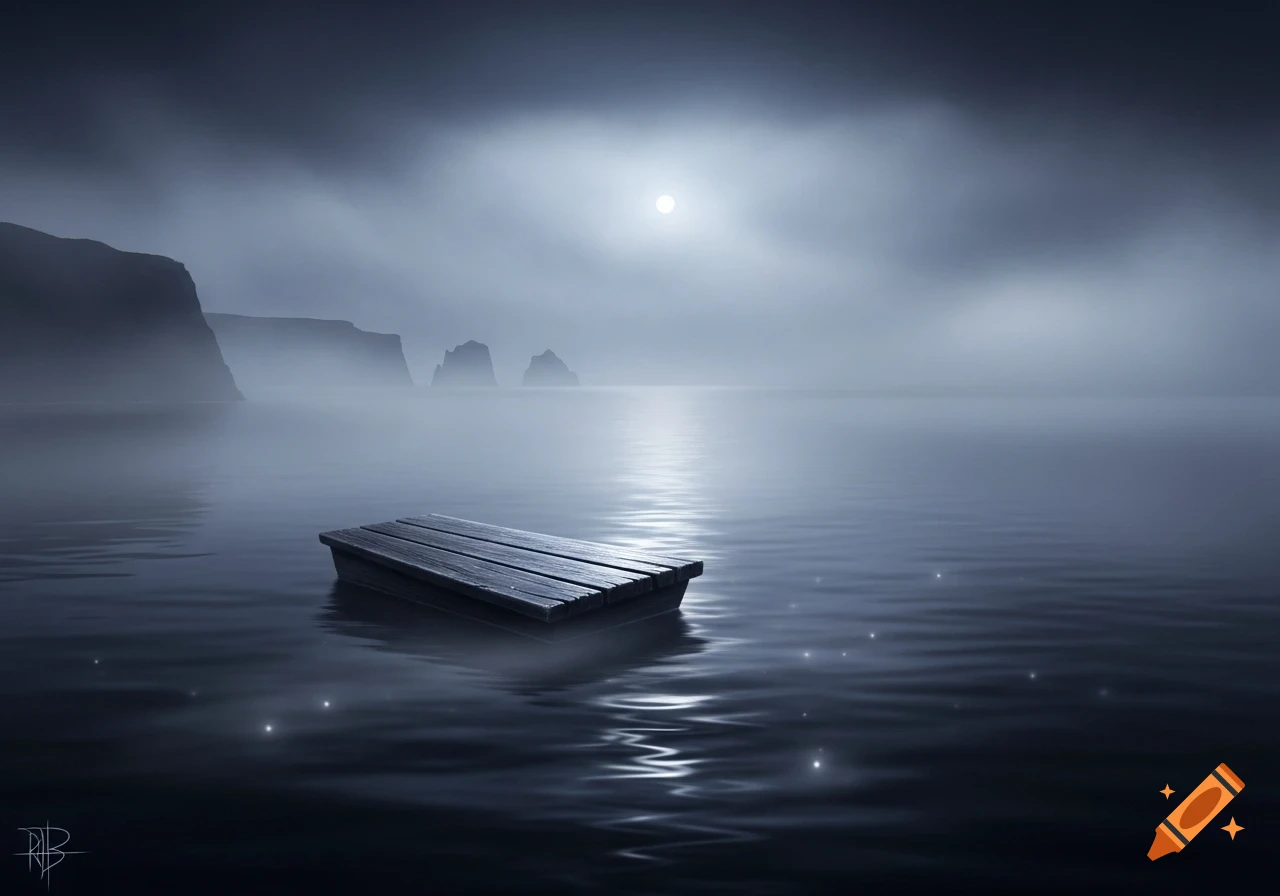 A small wooden plank floats on calm, moonlit water in a misty seascape with dark, distant cliffs, evoking a mysterious atmosphere.