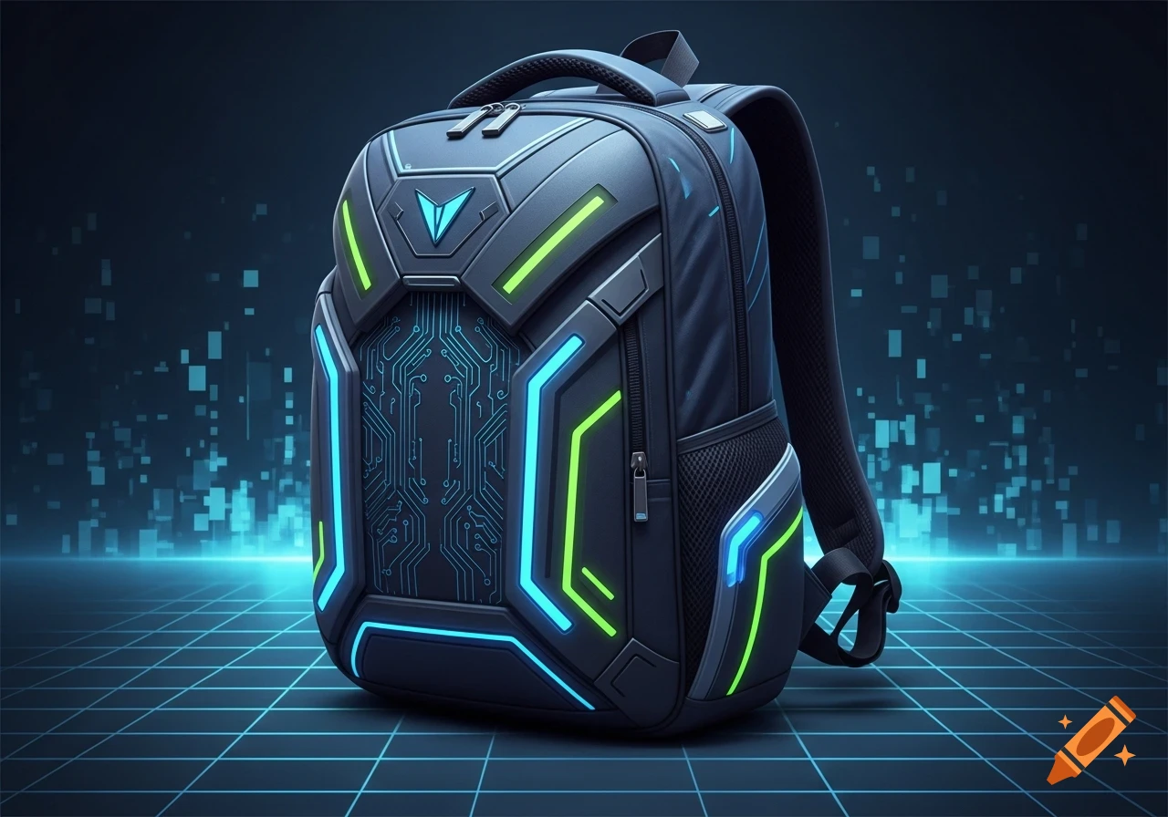 A futuristic dark backpack with glowing neon blue and green accents and circuit board patterns, on a glowing grid floor.