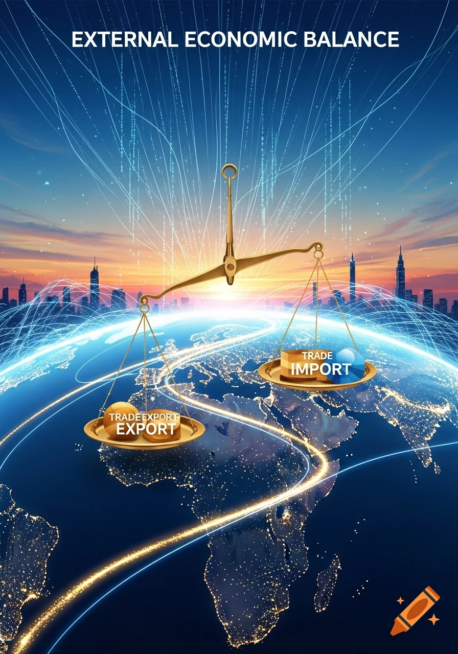 A golden balance scale weighing 'TRADE EXPORT' and 'TRADE IMPORT' over a glowing Earth with city skylines at sunset, representing global economic balance.