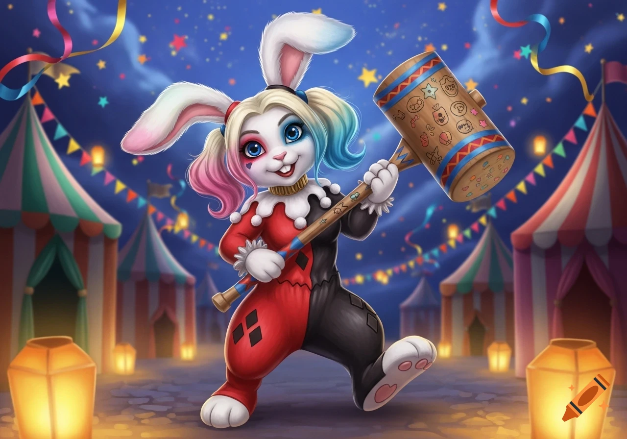 A cartoon bunny dressed as Harley Quinn, holding a mallet, stands in a colorful carnival setting at night.