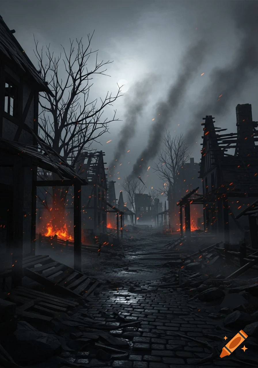 A dark, ruined village burns under a smoky night sky, with a full moon, bare trees, and destroyed buildings lining a cobblestone path.