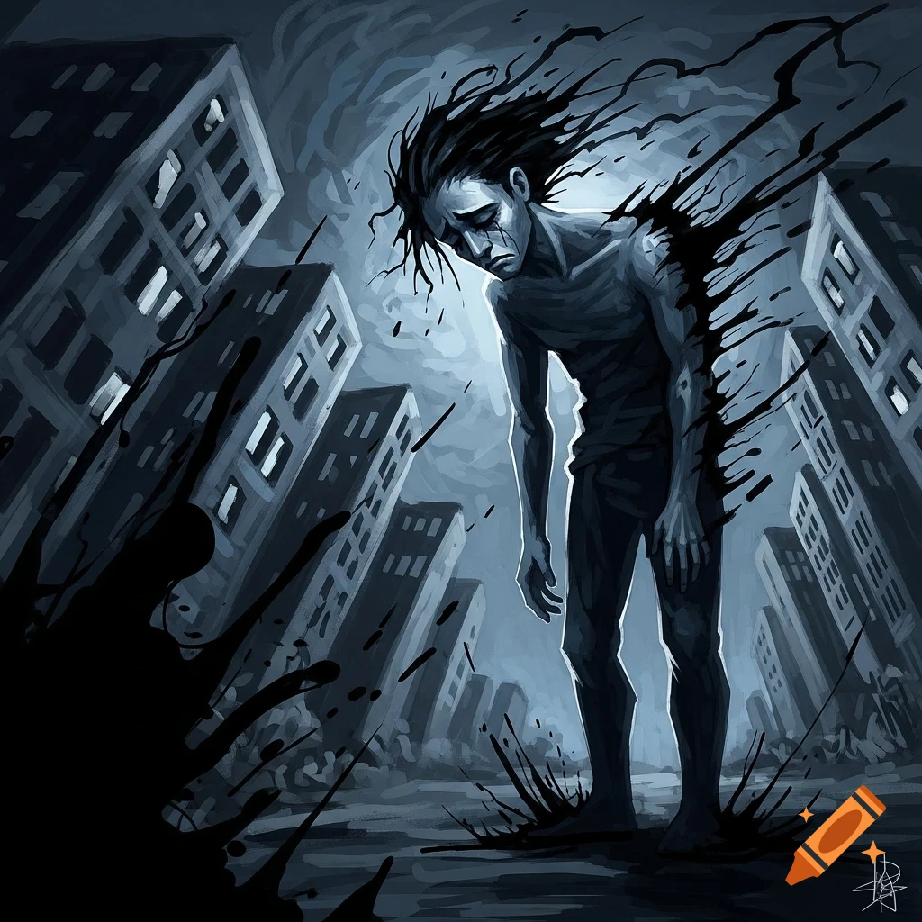 An expressionist illustration of a sad, gaunt person melting into black ink in a dark, desolate city.