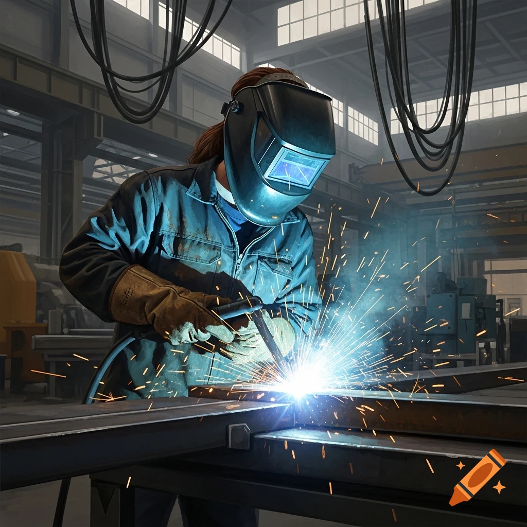 A female welder in a face shield and gloves is welding steel in a factory, sparks flying. Photorealistic style.