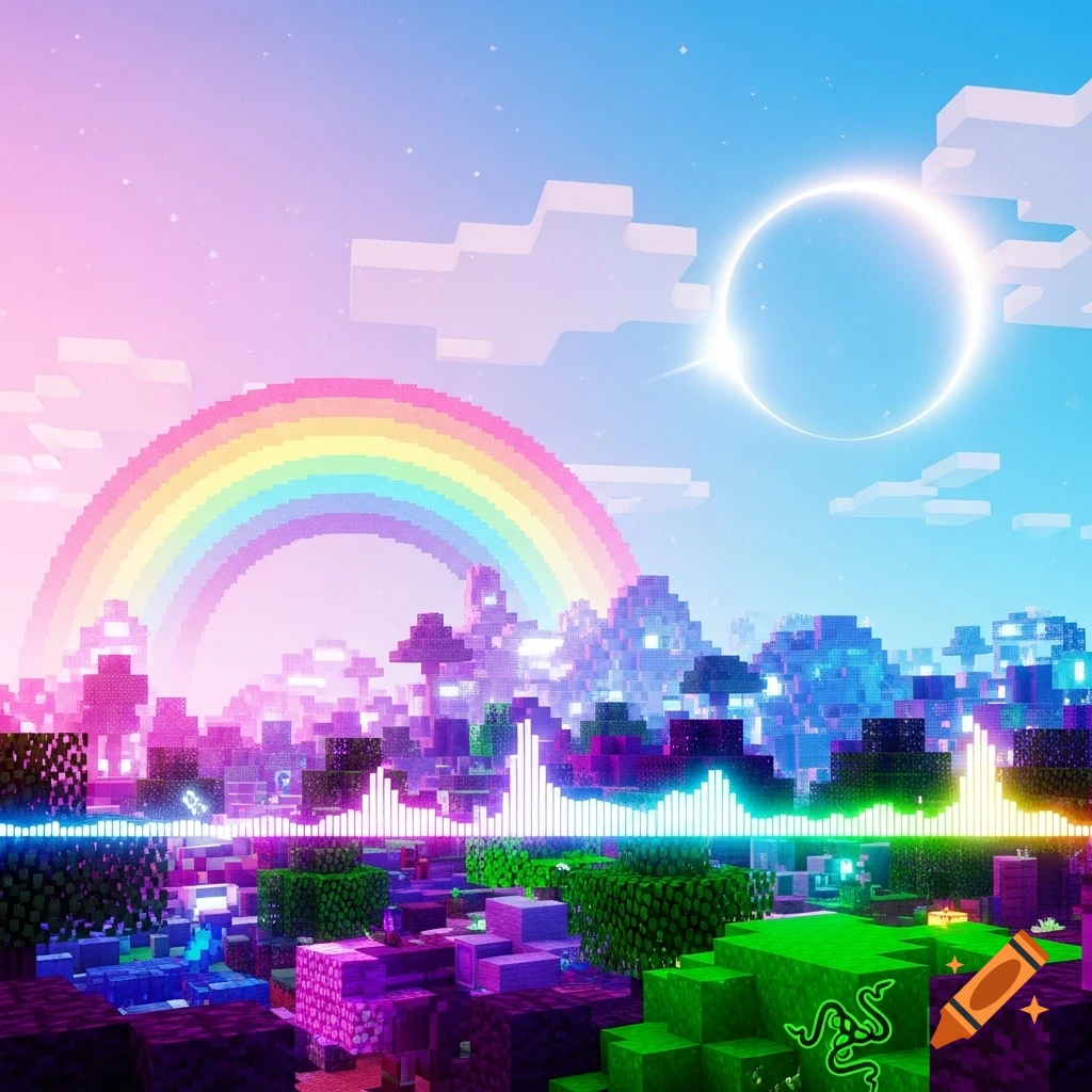 A pixelated, vibrant Minecraft-style landscape with a rainbow, glowing structures, a haloed sun, and a Razer logo on a green block.