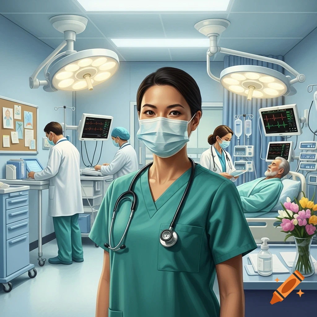 A photorealistic image of an Asian nurse in green scrubs and a mask, with a stethoscope, in a brightly lit hospital room. Other medical staff attend to a patient in the background.