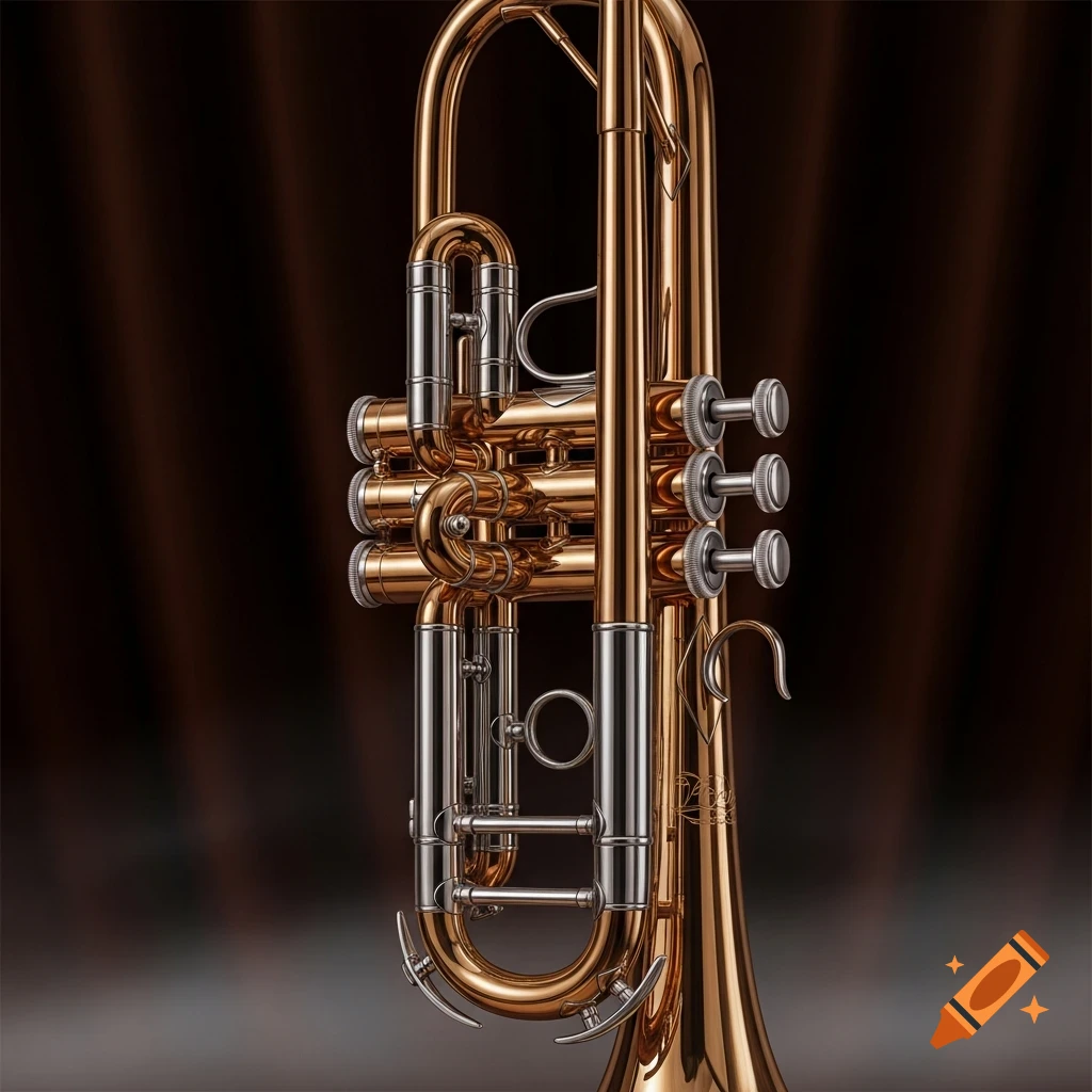 Close-up photorealistic shot of a shiny gold and silver trumpet against a dark, blurred background.