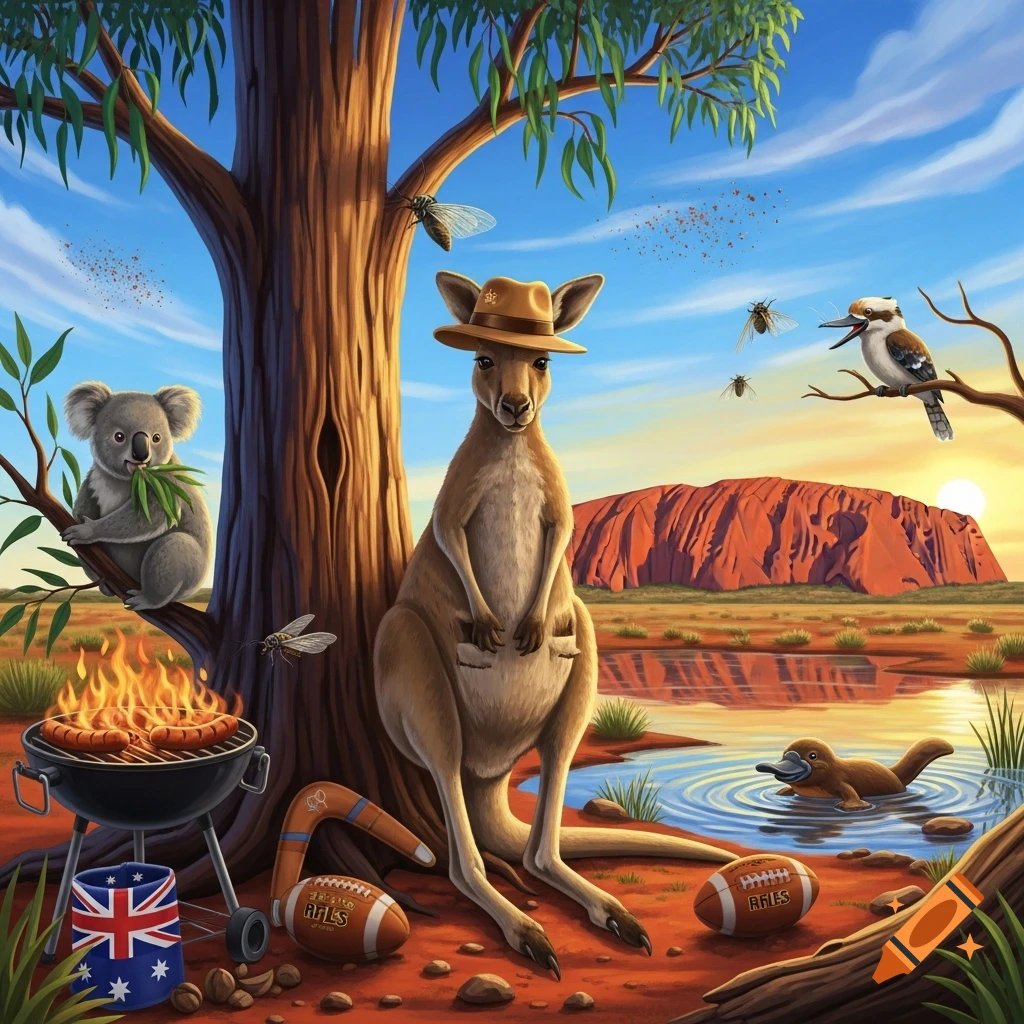 A colorful illustration of Australian wildlife in a desert landscape: a kangaroo in a hat, a koala, a platypus, a kookaburra, a BBQ, and Uluru at sunset.