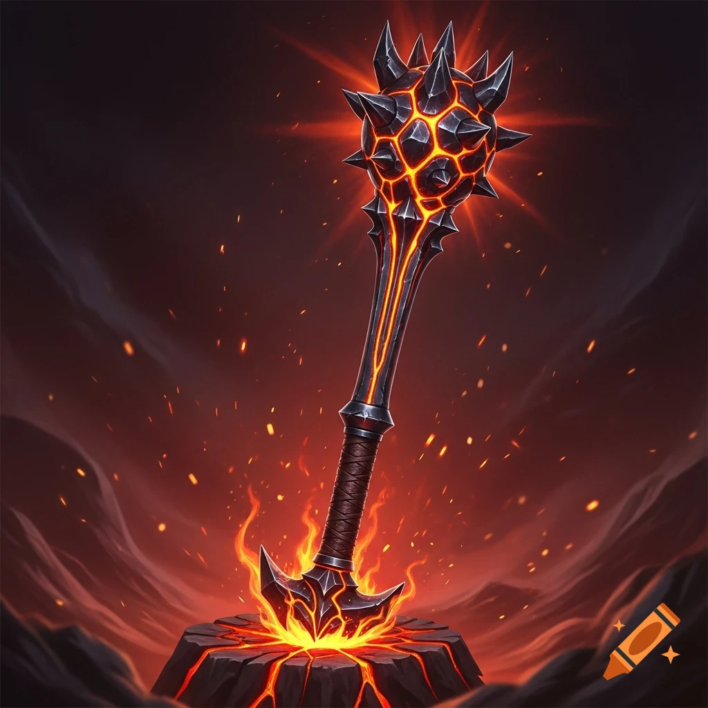 A close-up of an obsidian lava mace, glowing with fiery cracks and spikes, plunged into cracked volcanic ground with embers flying.
