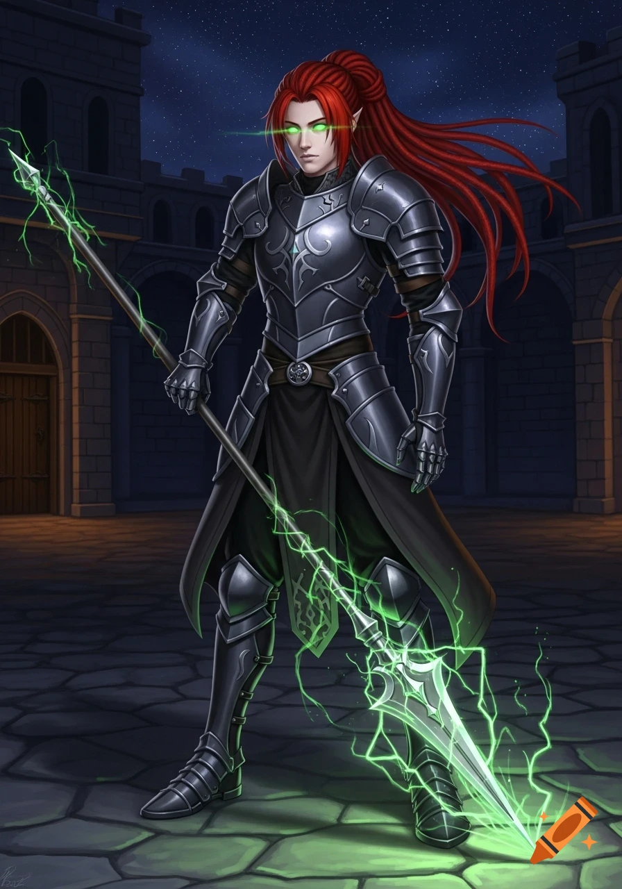A pale-skinned man with long red hair, wearing dark armor, holds a spear sparking with electric-green energy in a castle courtyard.