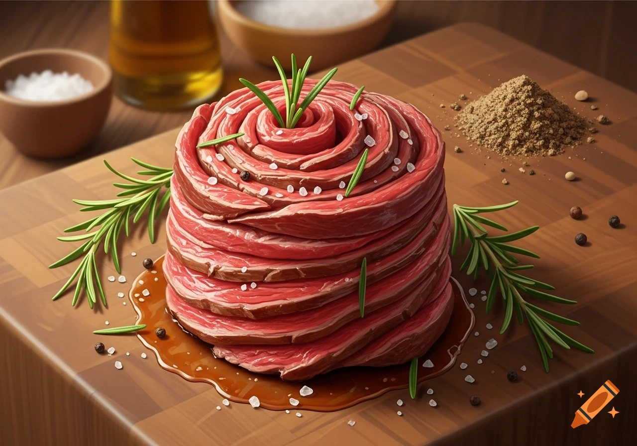 A stylized 'beef tornado' of thinly sliced raw red meat, spiraled and topped with rosemary, sea salt, and peppercorns on a wooden board. Spices and oil are in the background.