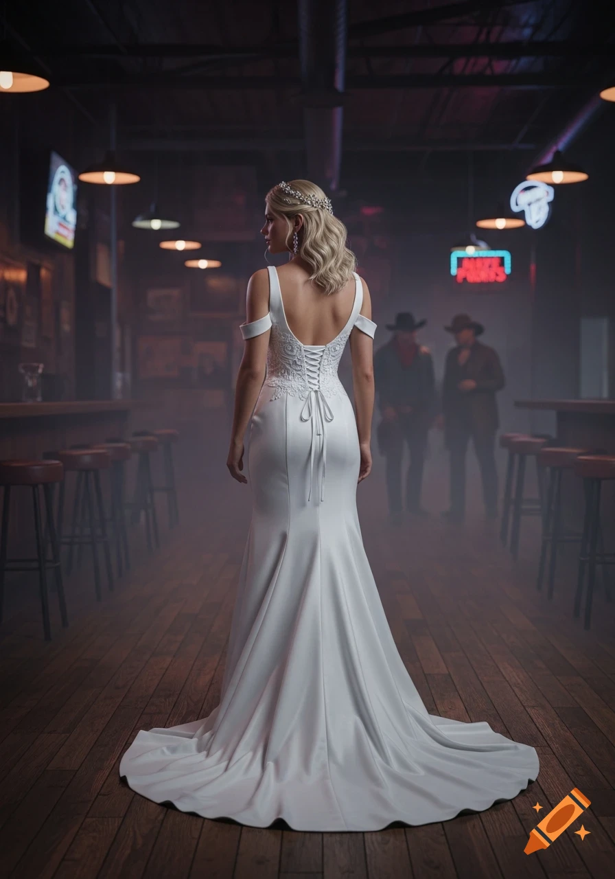 A woman in a white wedding gown with a lace-up back stands in a dimly lit bar with neon signs.