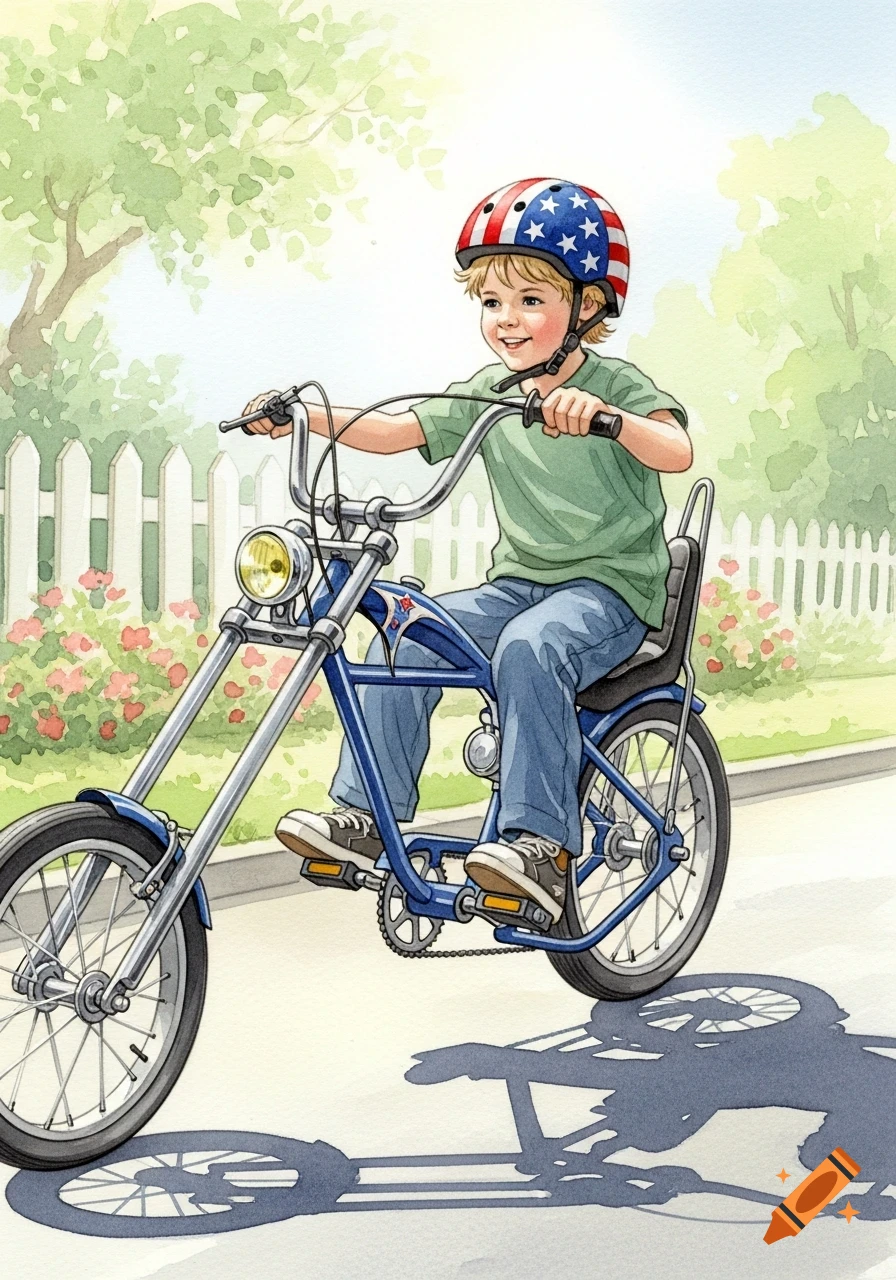 Smiling young boy in an American flag helmet riding a blue chopper bicycle on a sunny path, watercolor style.