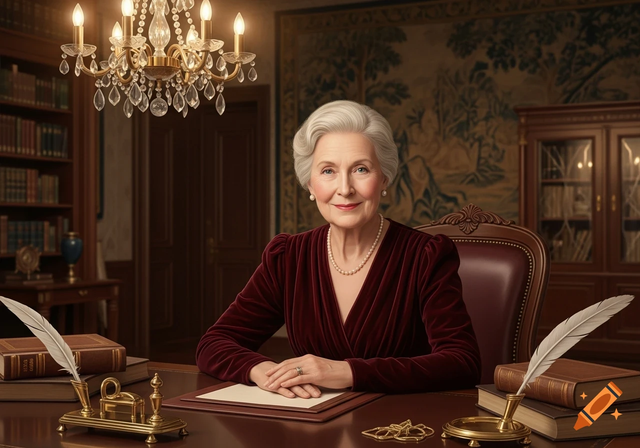 An elegant elderly woman in a maroon dress smiles, seated at a desk in a traditional, opulent office.