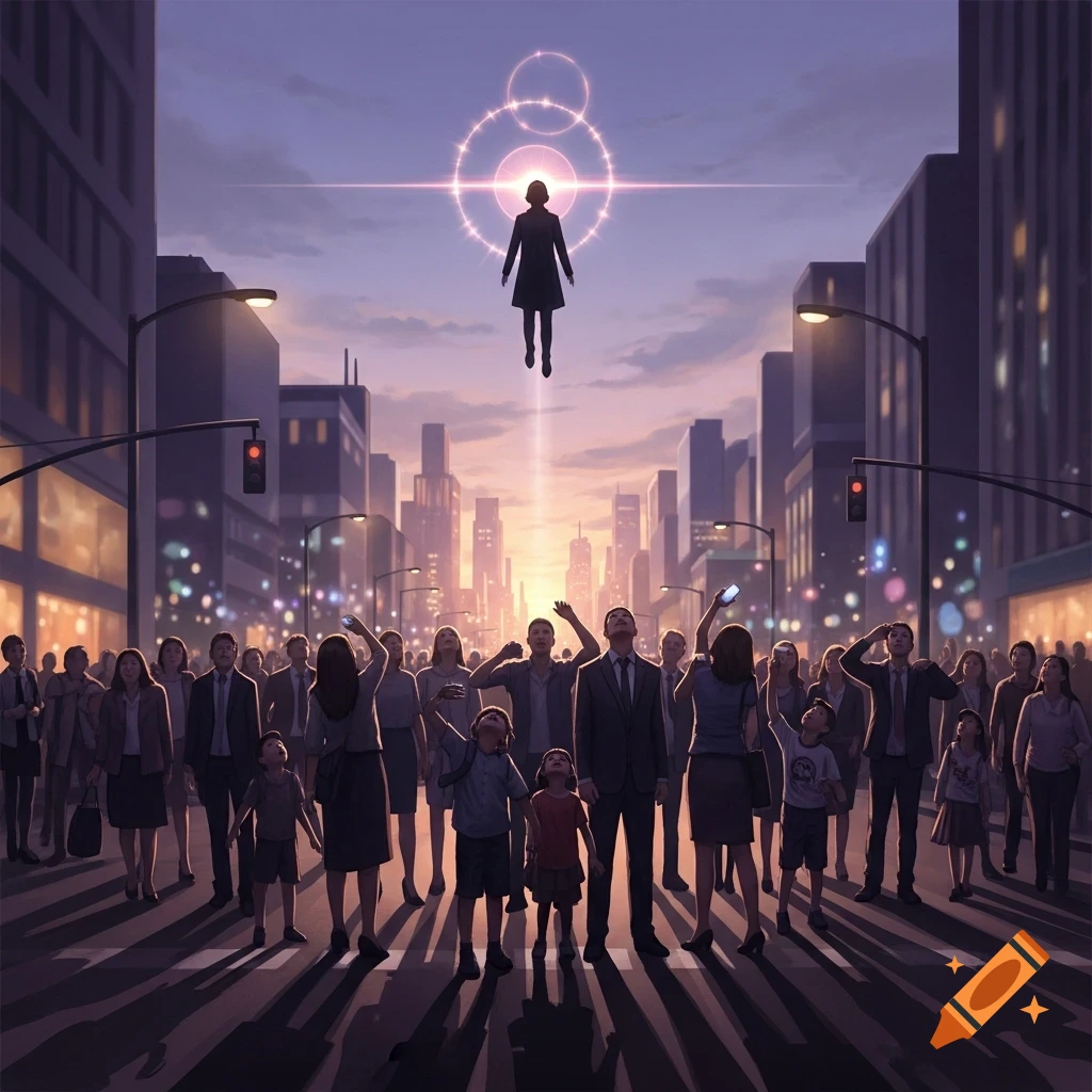 A crowd of people in a city street look up at a levitating, silhouetted figure surrounded by glowing rings in the twilight sky.