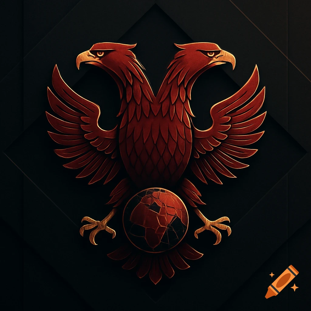 A stylized red and gold two-headed eagle emblem with a cracked globe below it, on a dark textured background.