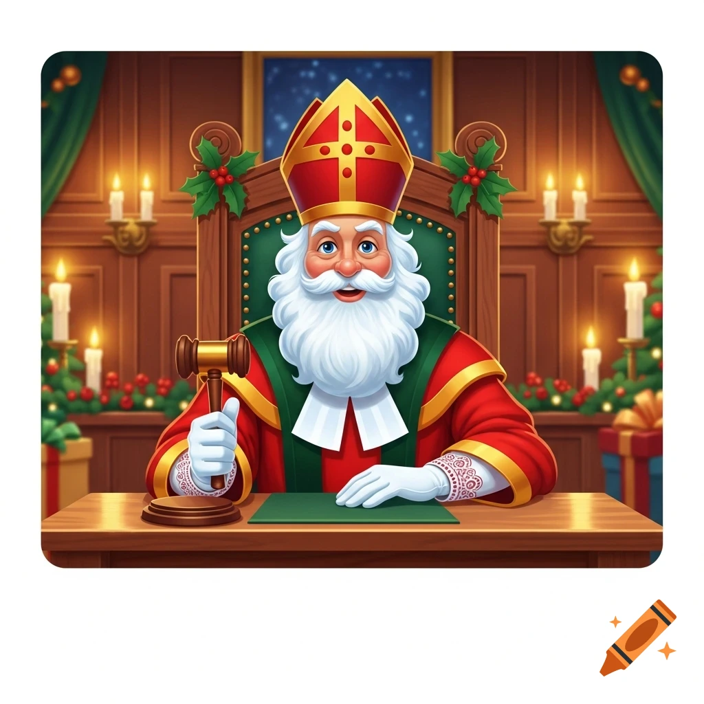 Cartoon Sinterklaas in judge's robes, holding a gavel at a wooden bench in a festive, candlelit room.