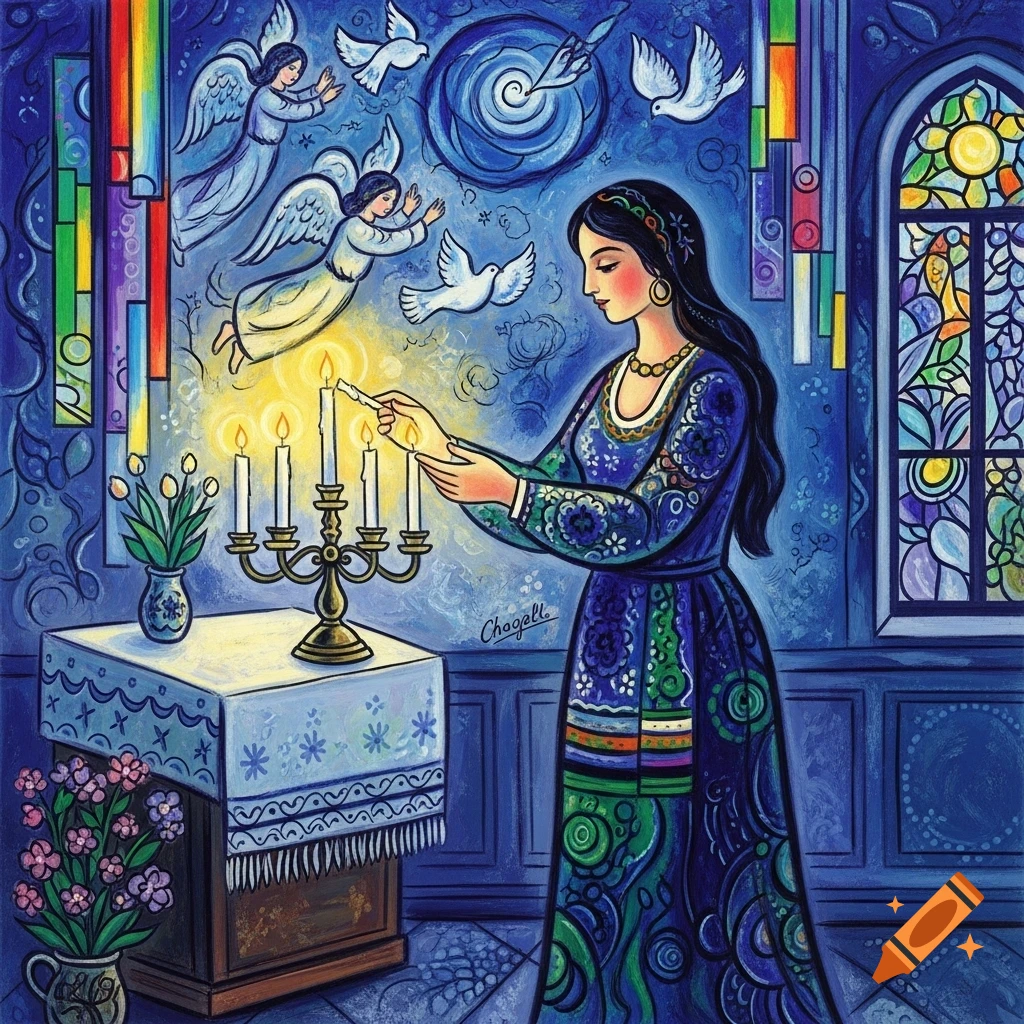 Chagall-style painting of a Jewish woman lighting Shabbat candles in a blue room with angels, doves, and a stained glass window.