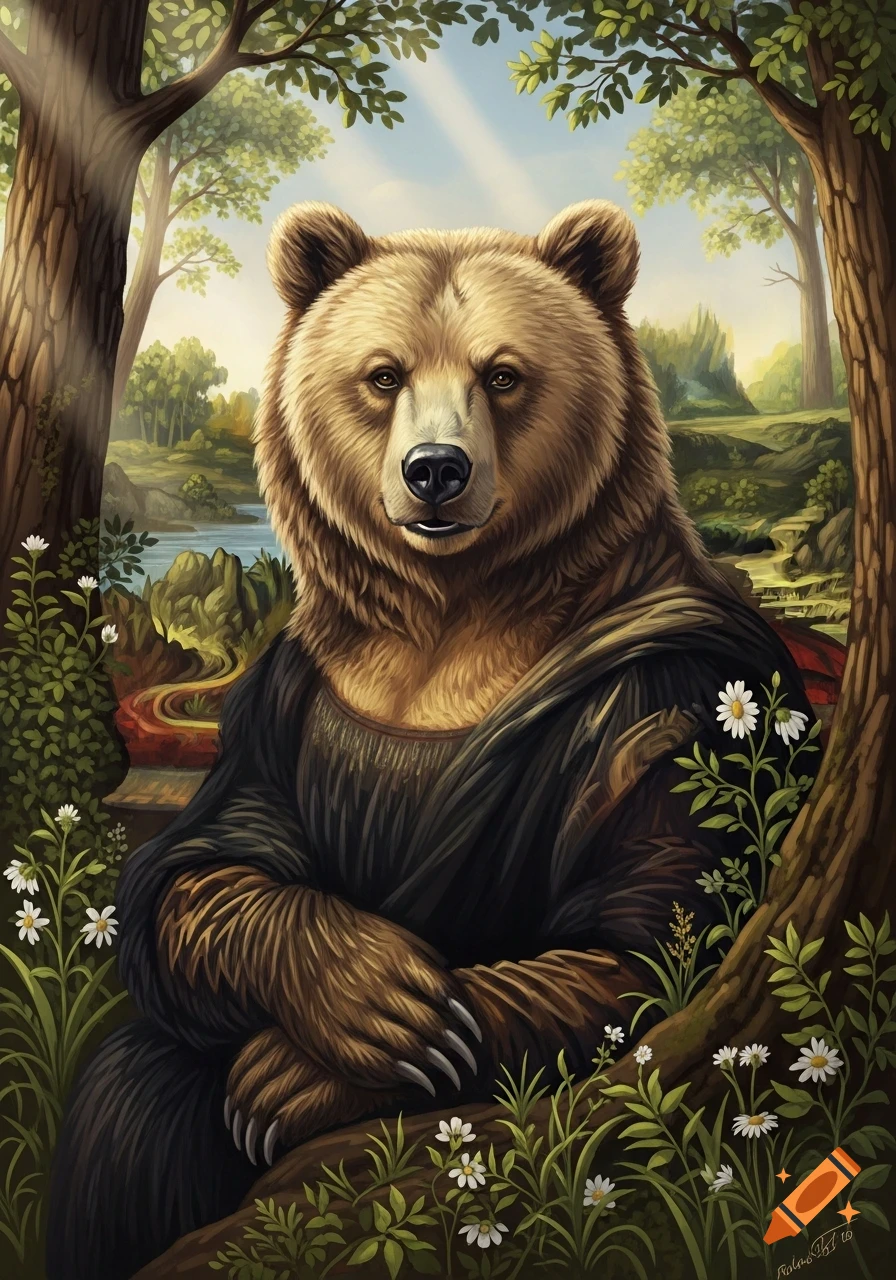 A grizzly bear smiling like Mona Lisa, wearing a dark renaissance gown, set in a lush forest landscape.