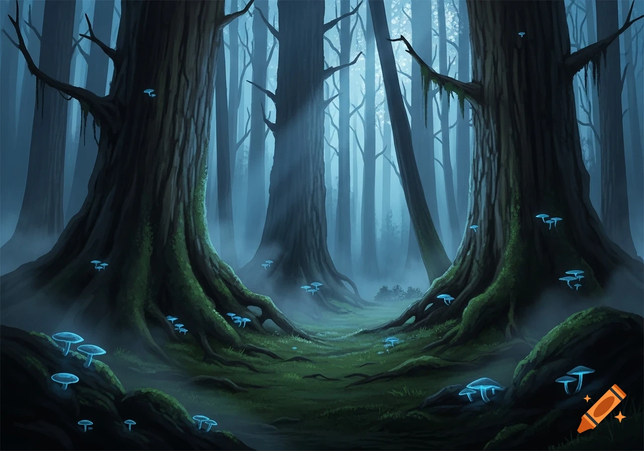 A dark, misty forest with tall, gnarled trees and glowing blue ...
