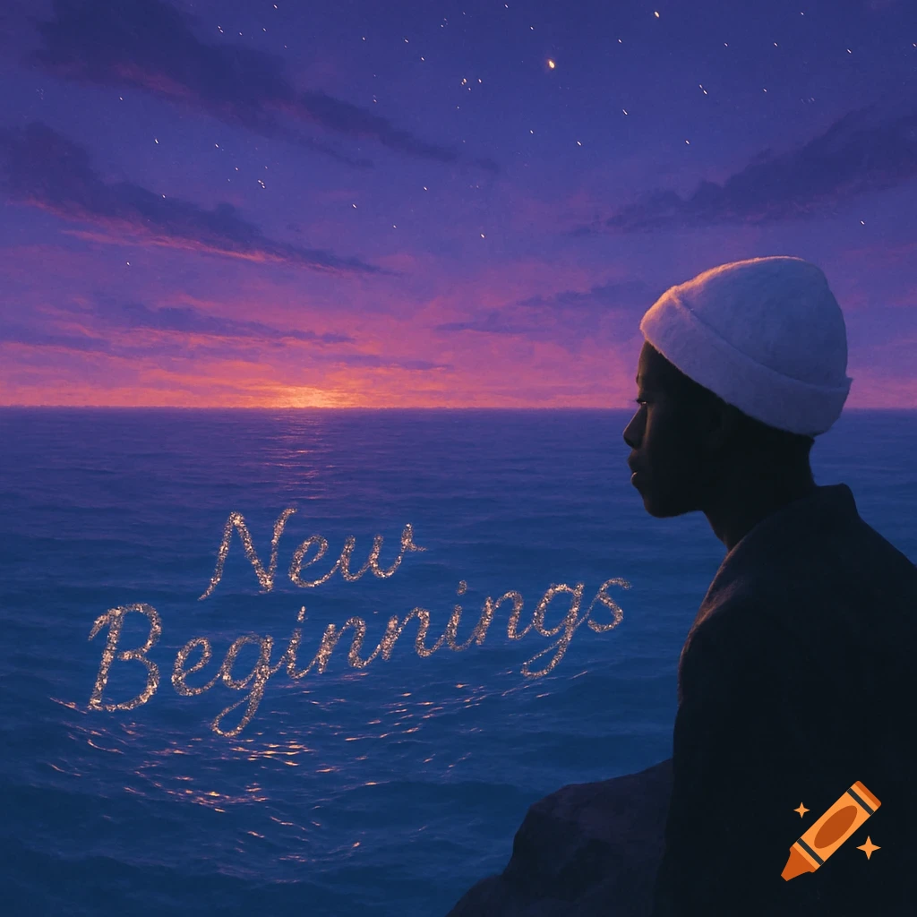 A person in a white beanie looks out at a purple and orange ocean at dusk, with 'New Beginnings' written in sparkling light on the water.