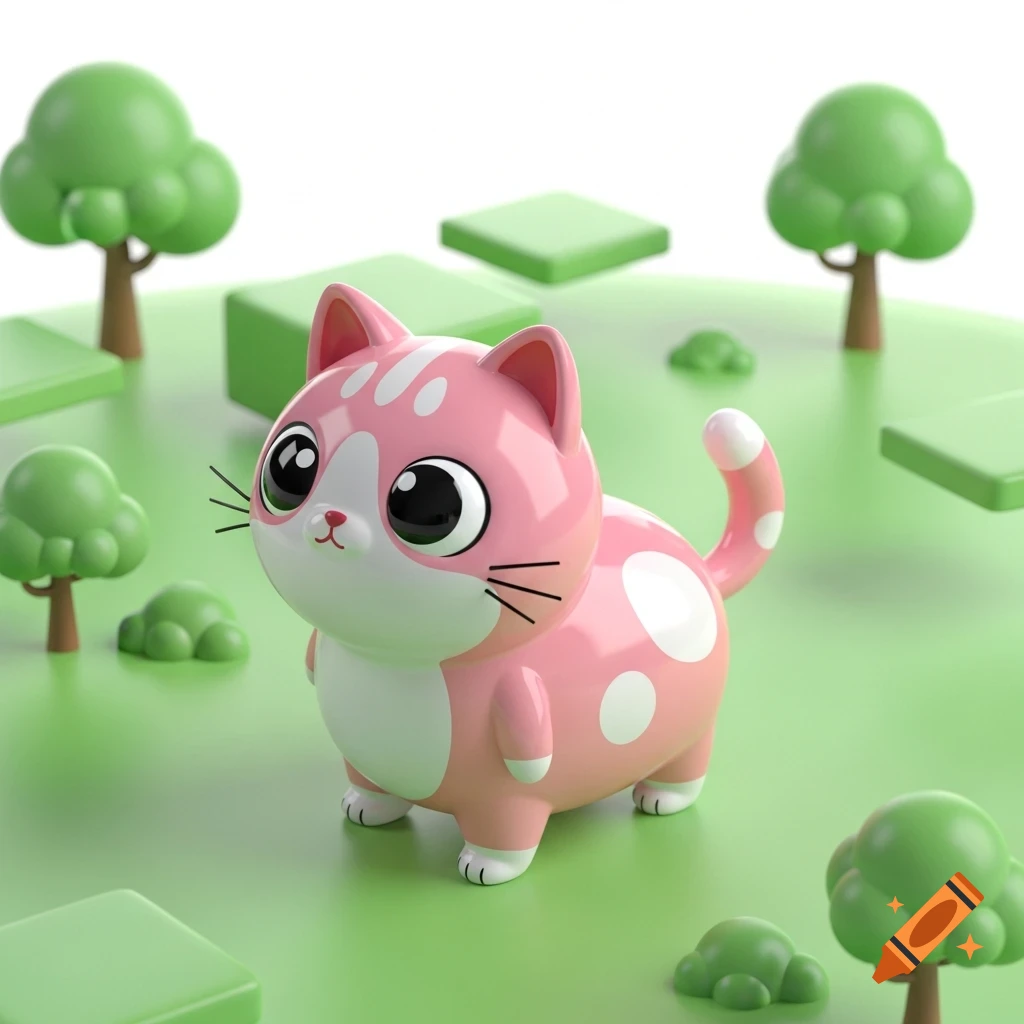 A cute, stylized pink and white polka-dotted 3D cat with large eyes stands on a green landscape with simple trees.