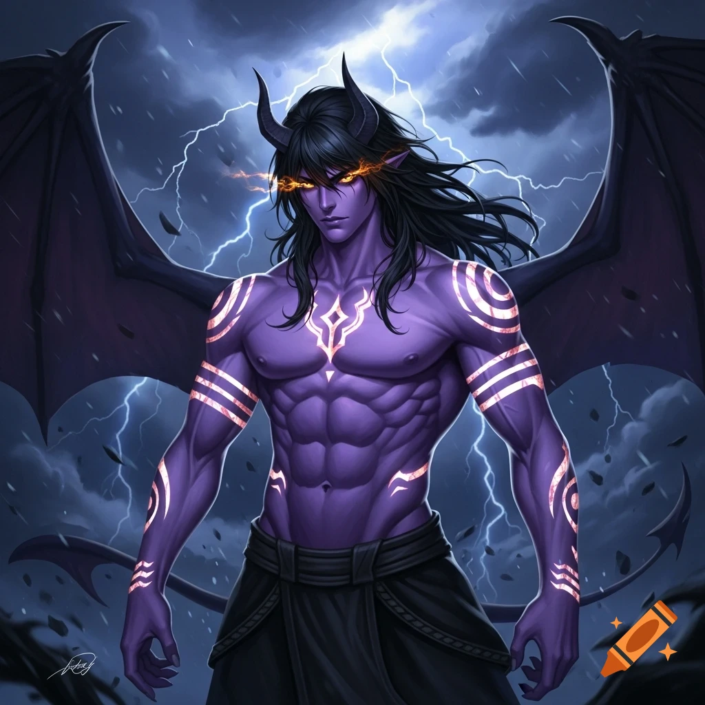 Buff anime demon man with black hair, purple skin, glowing markings, horns, and large wings, standing against a stormy, lightning-filled sky.