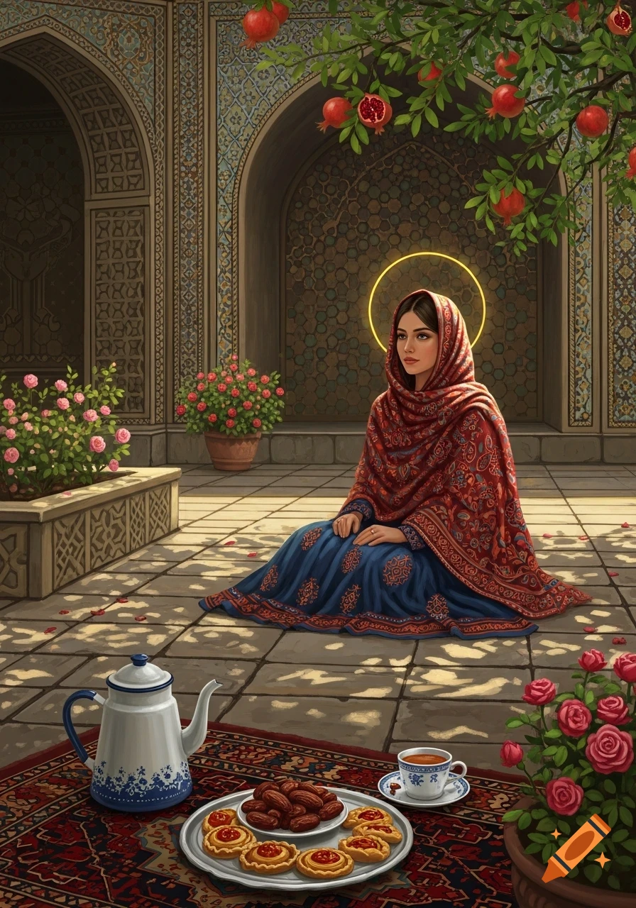 A woman in a red headscarf and blue dress sits on a tiled patio with a tea set, dates, and pomegranates under an ornate archway.