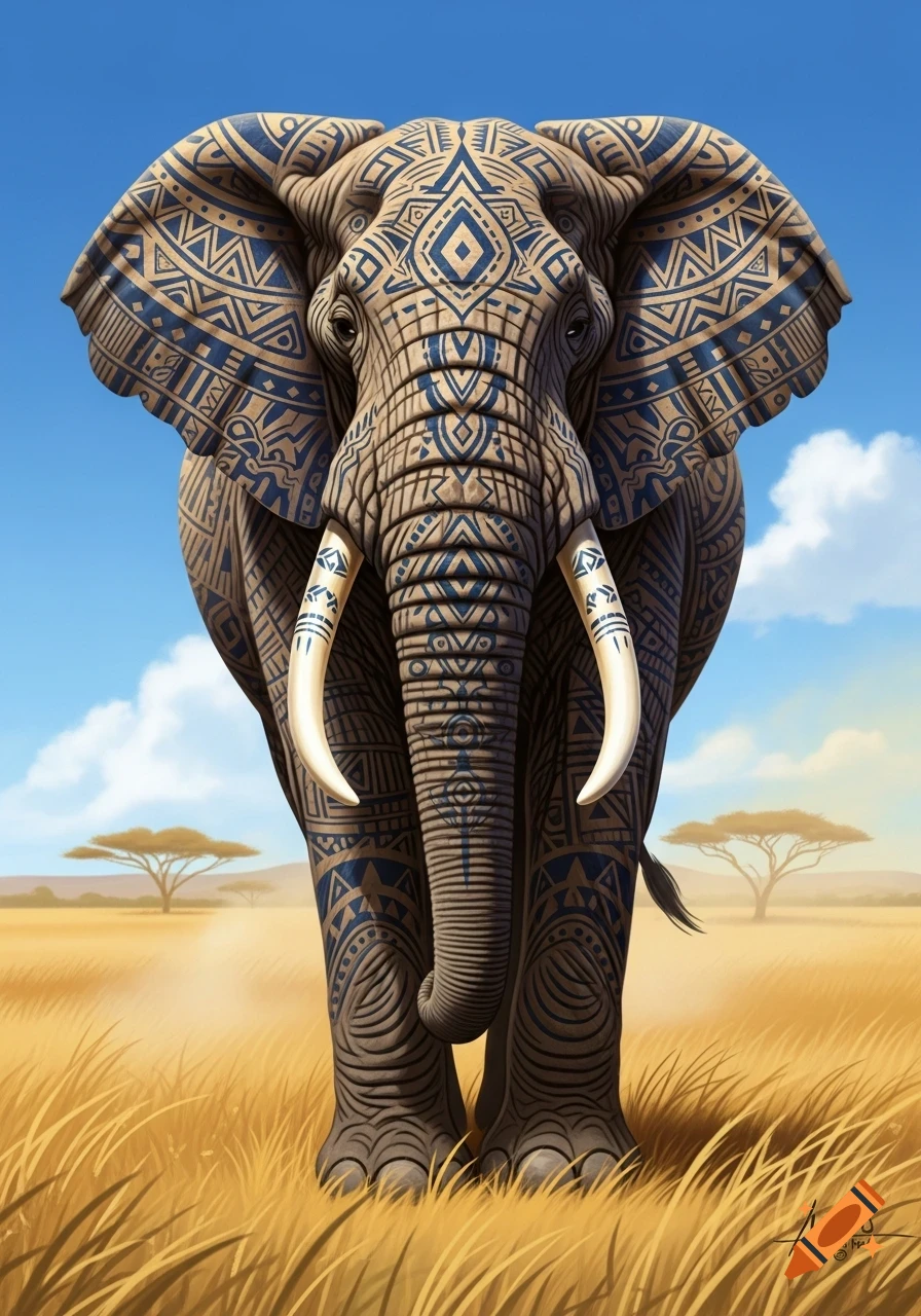 Front-facing elephant with blue tribal patterns on its skin and tusks, standing in a golden savanna under a bright blue sky.