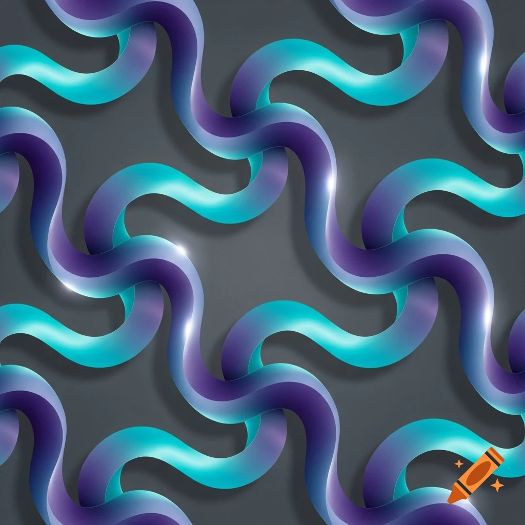 A seamless abstract pattern featuring intertwined, glossy 3D tubes in gradient shades of purple and teal on a dark gray background.