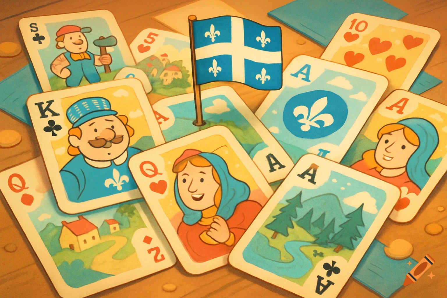Cartoon playing cards with various face cards and numbers, featuring a Quebec flag in the center, on a wooden table.