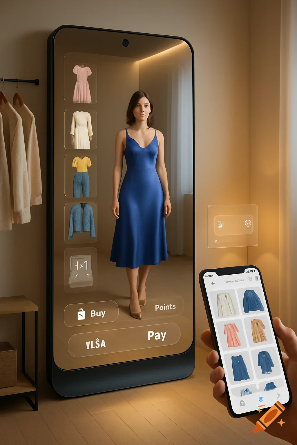 A woman virtually tries on a blue dress using a large smart mirror, while a hand holds a phone displaying more clothing options.