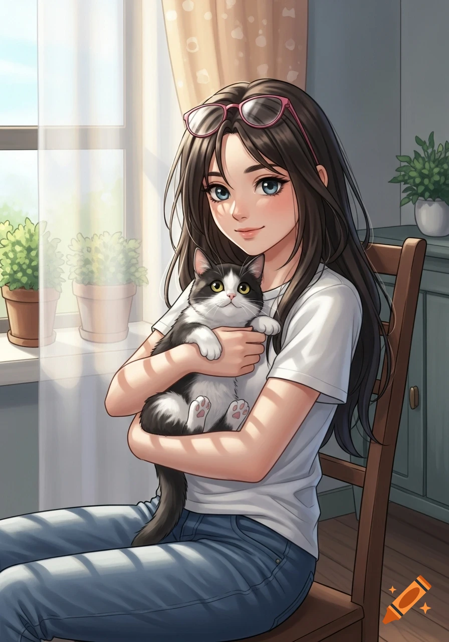 Anime girl with dark hair and pink glasses holding a black and white cat, sitting by a sunny window with plants.