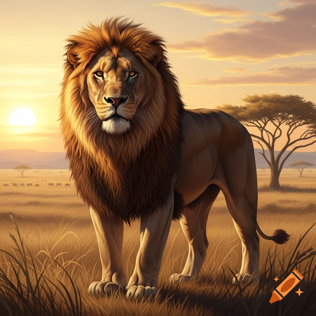 A majestic lion stands prominently in a golden savanna landscape at sunset, with acacia trees and distant animals.