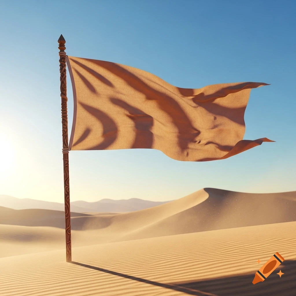 An orange flag on a wooden pole waves in a sunny desert with sand dunes under a clear blue sky, photorealistic.
