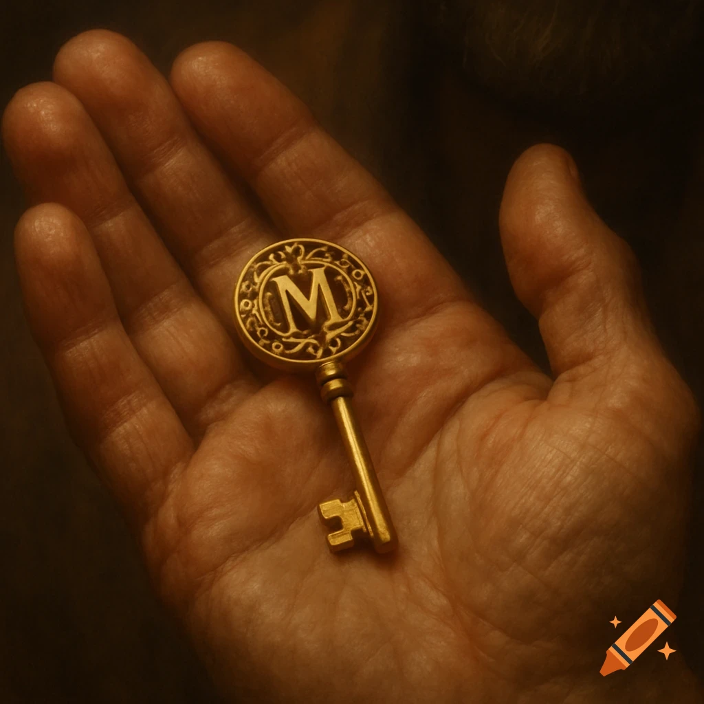 Close-up of a golden key with an 'M' monogram on its head, resting in a person's palm.