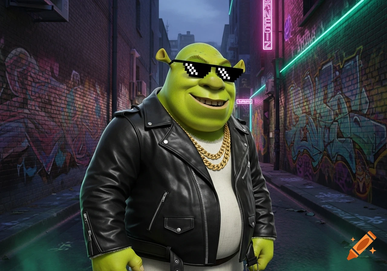 Shrek wears a black leather jacket, gold chains, and pixelated sunglasses in a graffiti-covered alley with neon lights.