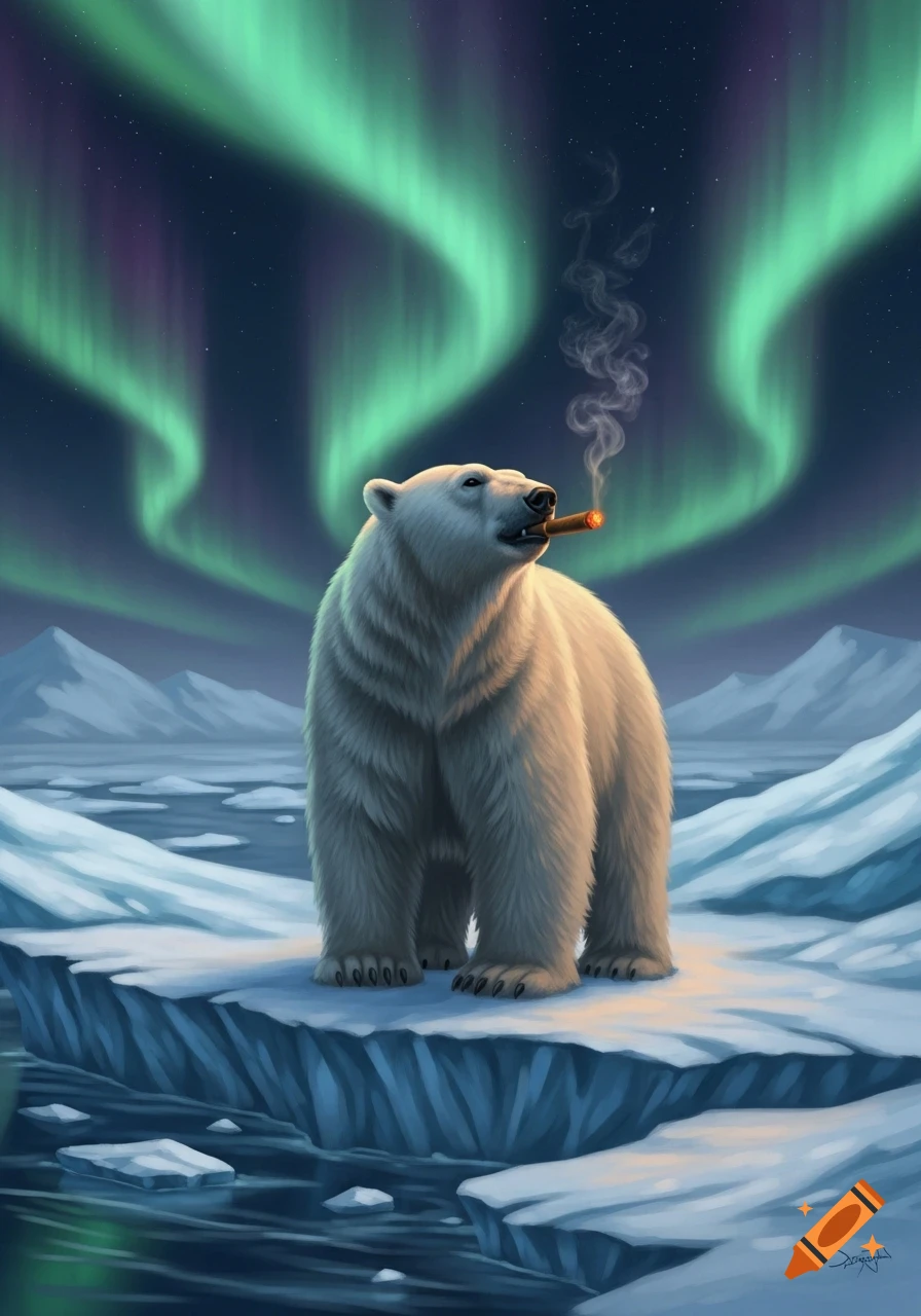 A polar bear smokes a cigar while standing on an ice floe under a vibrant green aurora borealis.