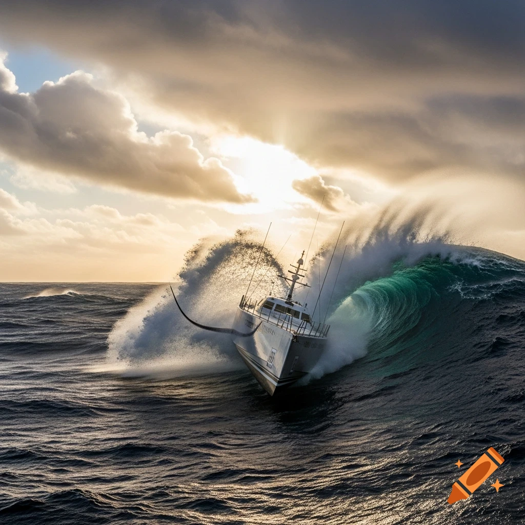 A white boat crashes through a massive emerald wave in a stormy ocean at sunset, with dramatic clouds, in photorealistic style.