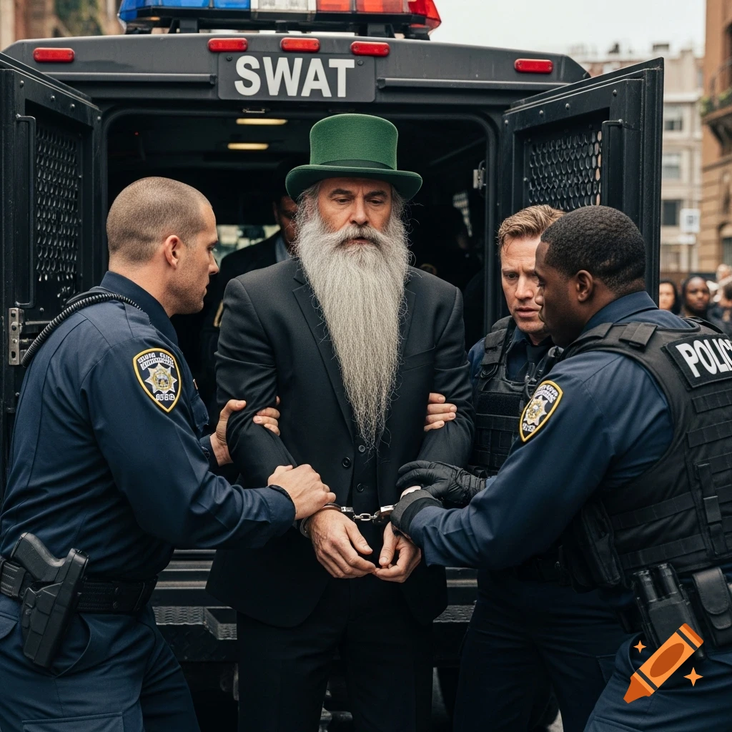 A man with a long grey beard and green top hat is handcuffed by two police officers in front of a SWAT truck.