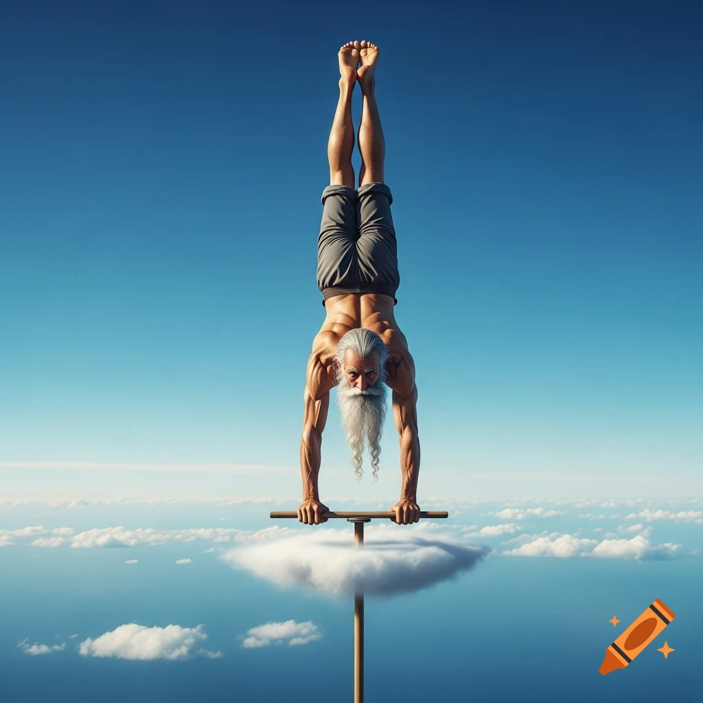 An old man with a long white beard performs a handstand on a pole balanced on a cloud in a vast blue sky.