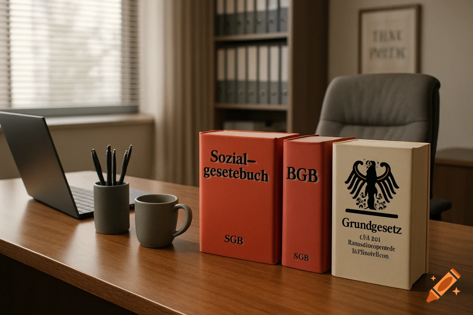 Photorealistic image of a legal office desk with three German law books, a laptop, pens, and a mug.