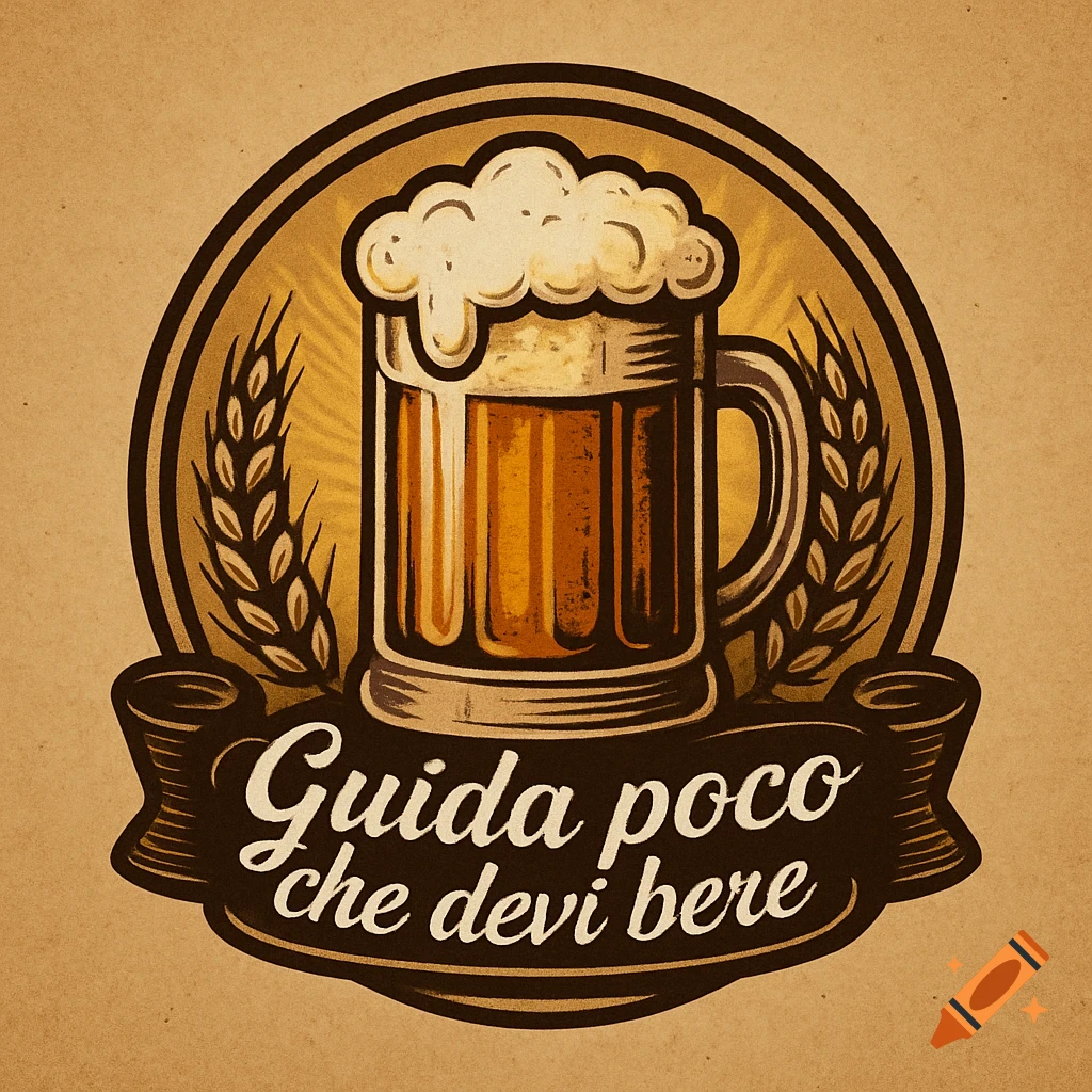 Vintage-style badge logo of a beer mug with foam, wheat, and the text 'Guida poco che devi bere' on a banner.