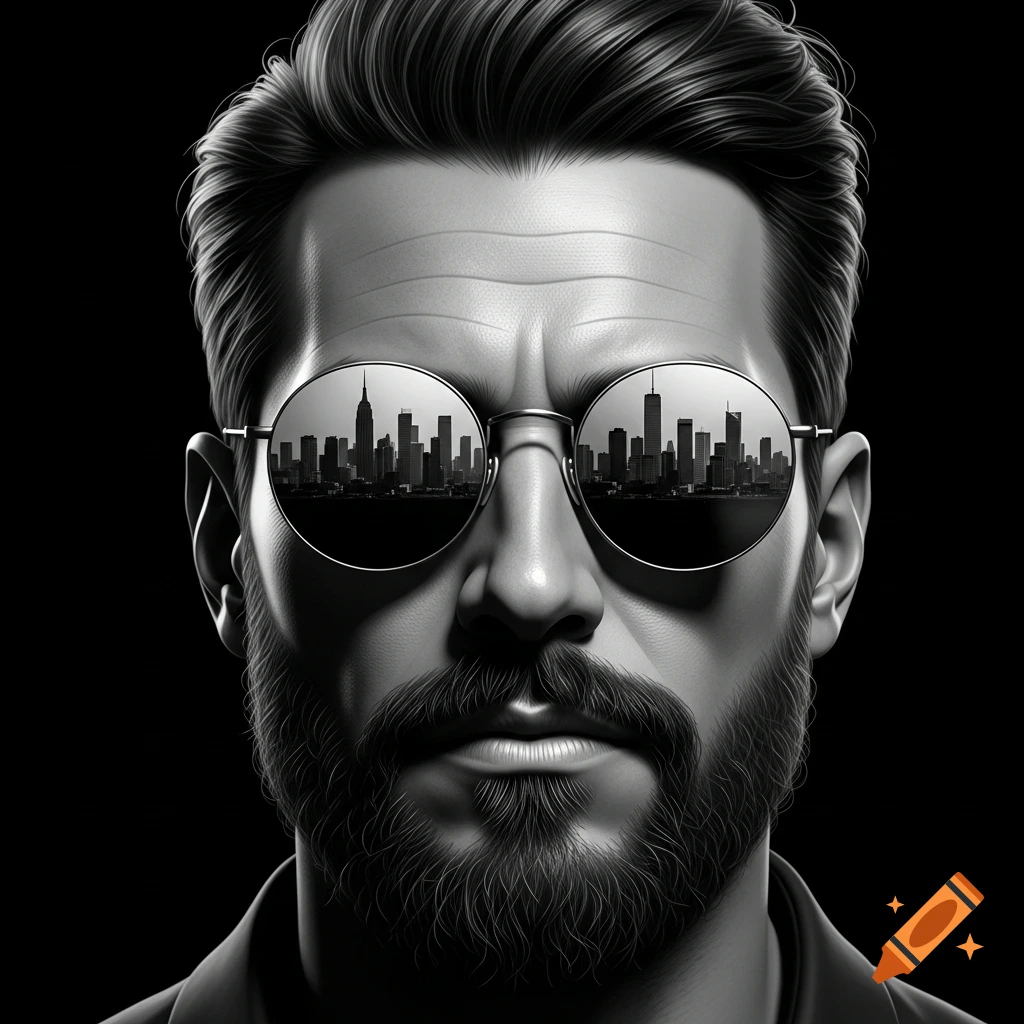Ultra-realistic black and white close-up of a bearded man wearing reflective round sunglasses that show a city skyline.
