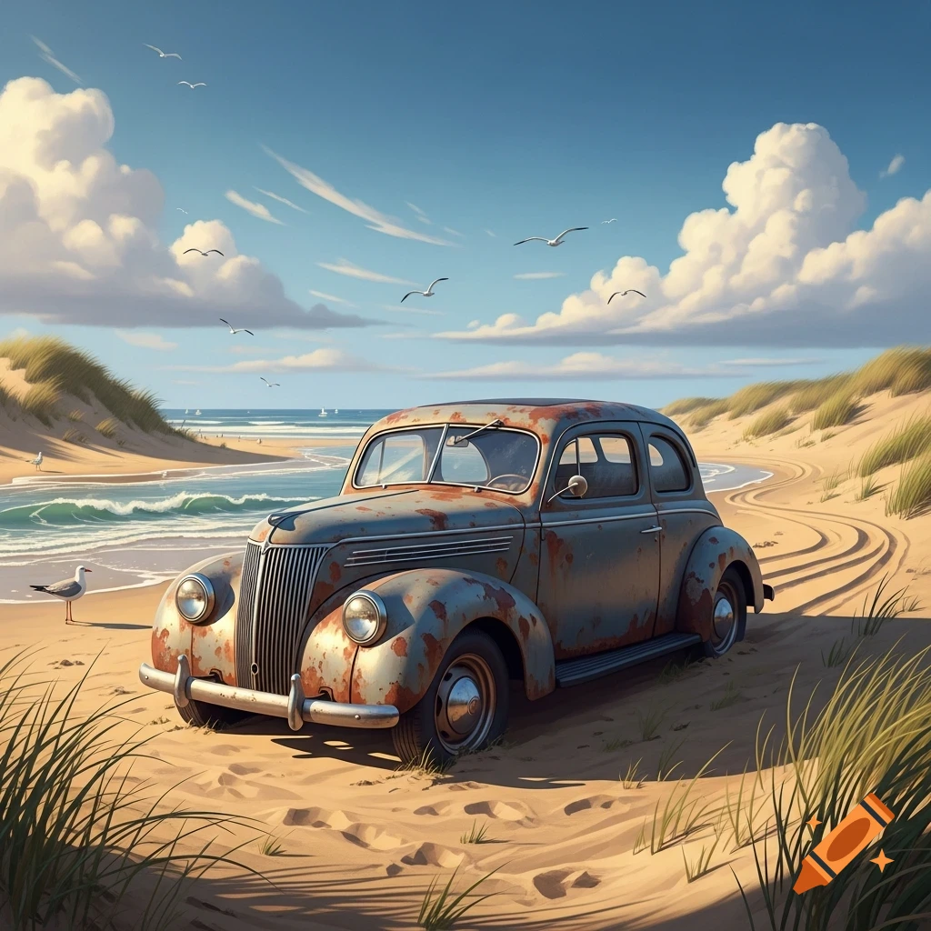 A rusty, vintage car sits abandoned on a sunny sandy beach with ocean waves and seagulls.