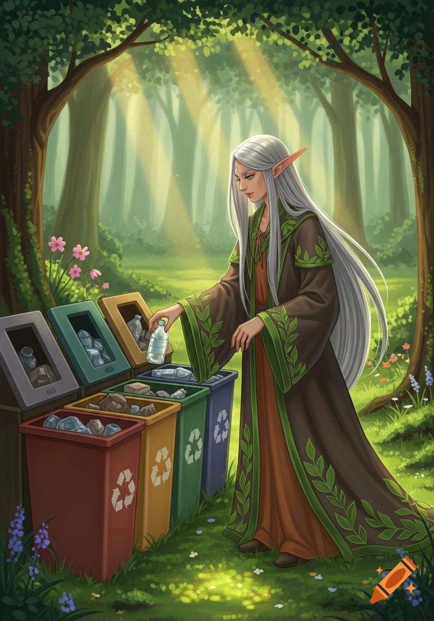 An elf with long white hair sorts a plastic bottle into colorful recycling bins in a lush forest, digital illustration.