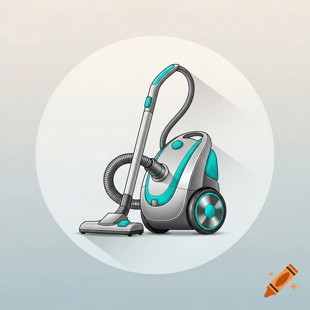 A stylized grey and teal vacuum cleaner icon with a long shadow on a light circular background.