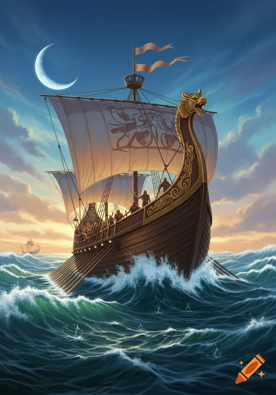 A large, ornate Viking-style longship with a dragon head prow sails through turbulent waves under a crescent moon.