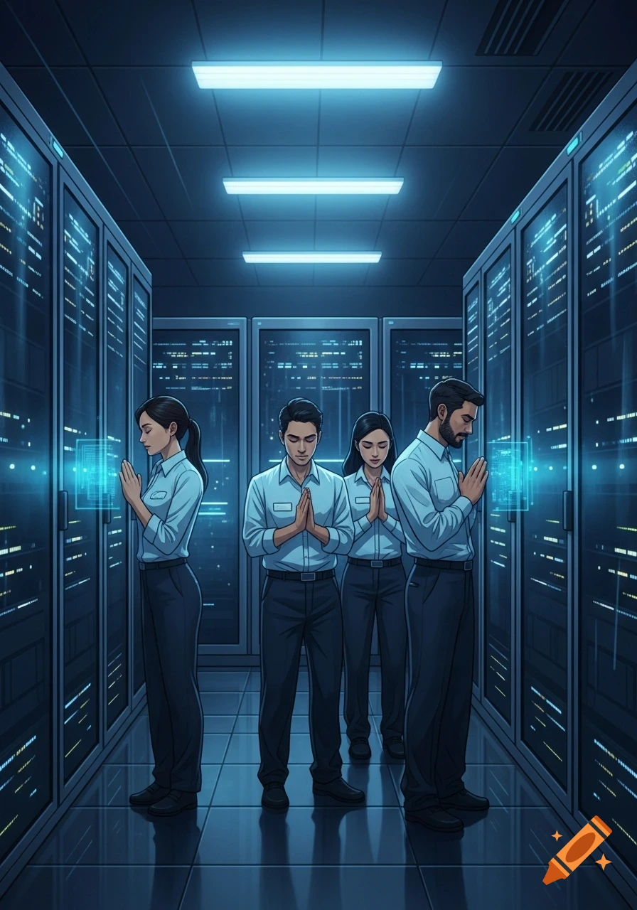 An IT team, dressed in light blue shirts and dark pants, stands with hands clasped in a dark, glowing server room, in a stylized illustration.