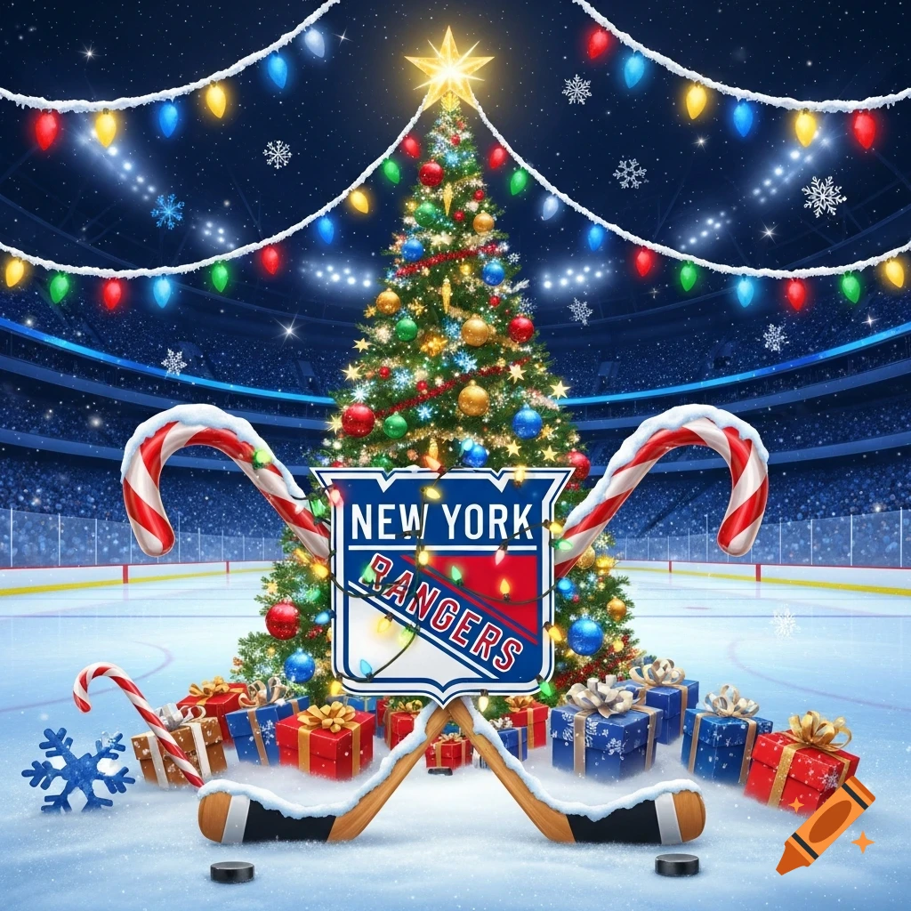 A festive Christmas scene on a hockey rink with a decorated Christmas tree, New York Rangers logo, candy canes, gifts, hockey sticks, and pucks.