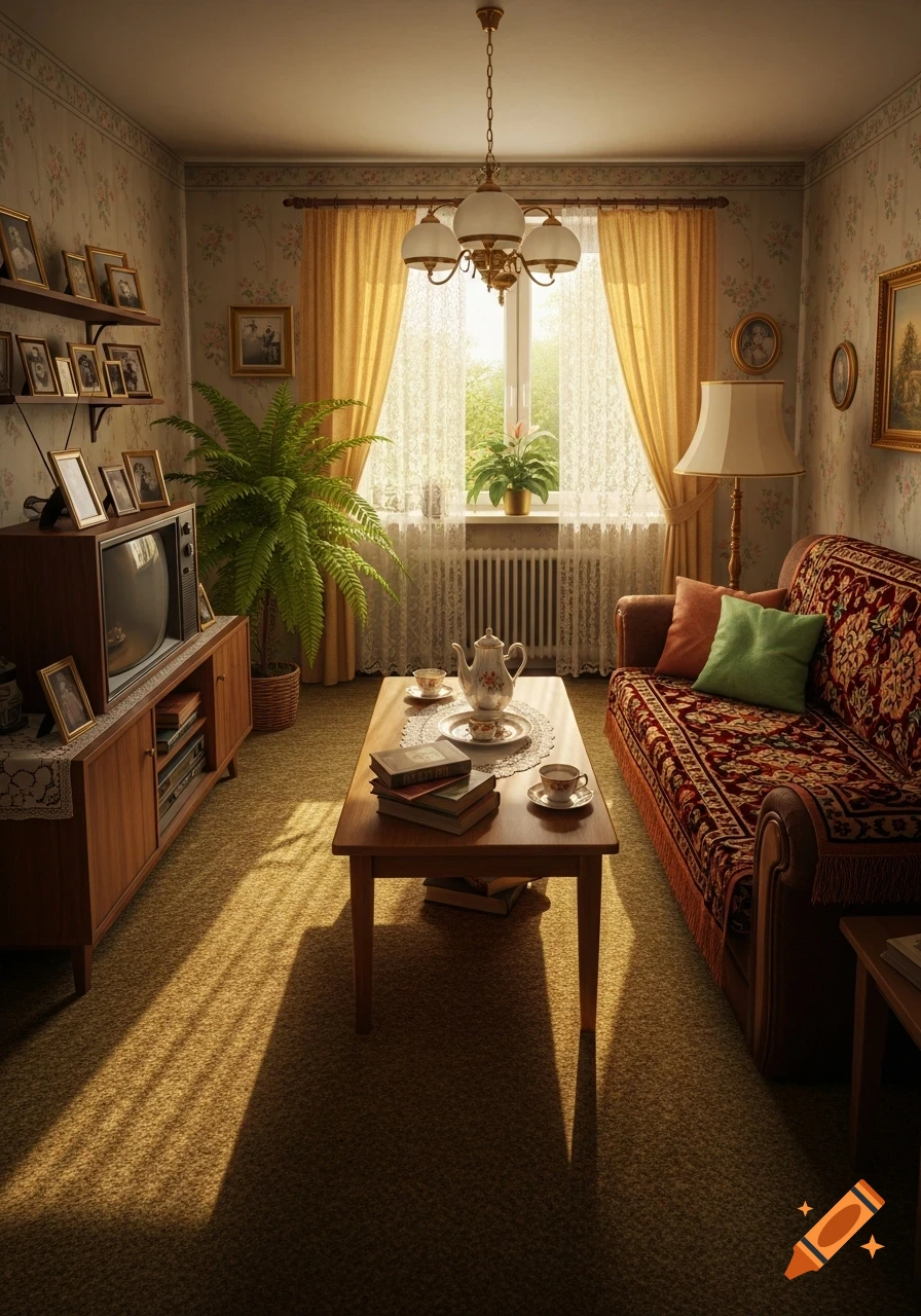 A cozy, sunlit vintage living room with patterned wallpaper, a floral couch, wooden furniture, and framed pictures.